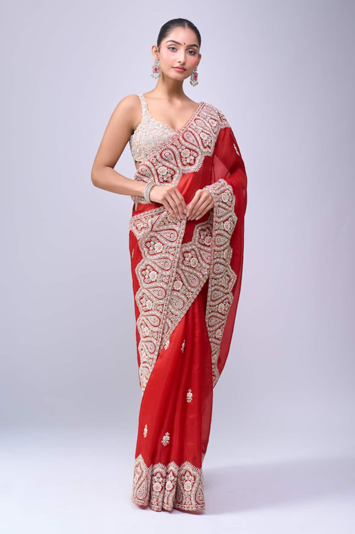 Azeera Paisley Embroidered Saree With Unstitched Blouse Piece 