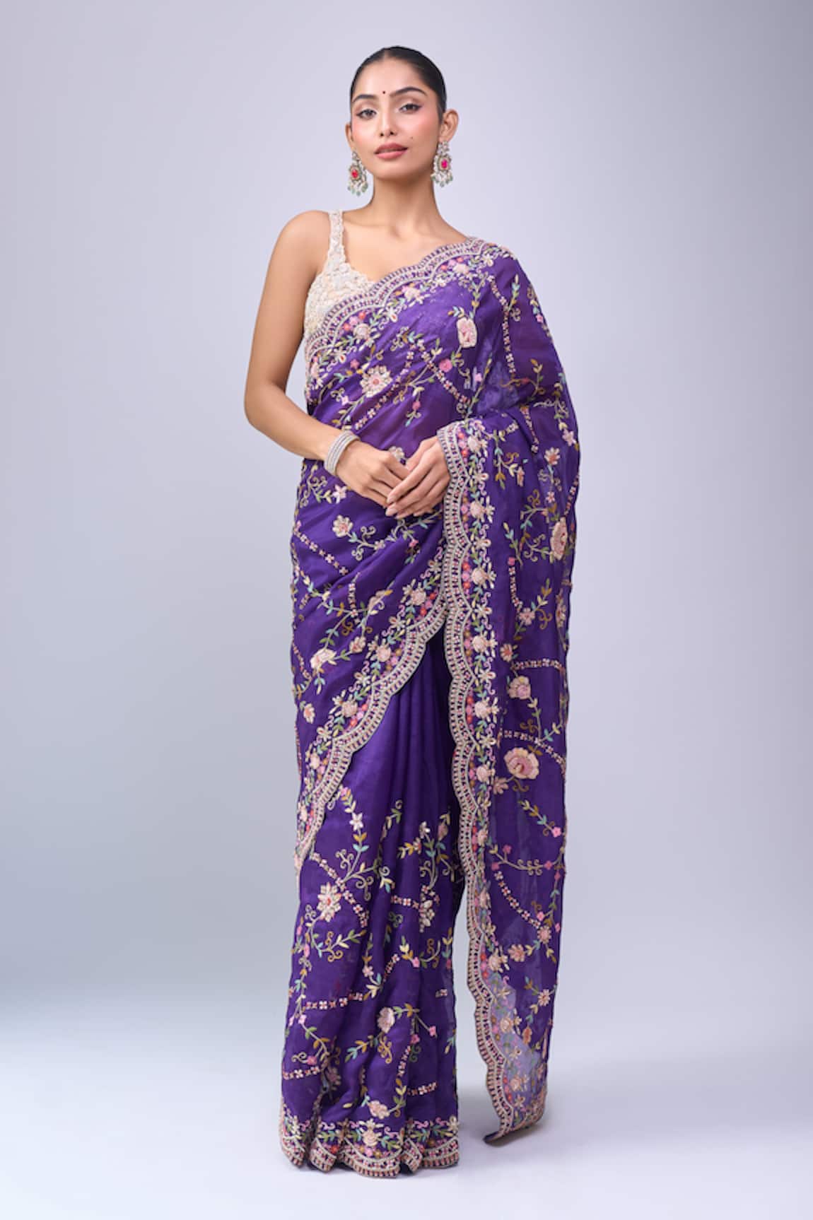 Azeera Floral Embroidered Saree With Unstitched Blouse Piece 