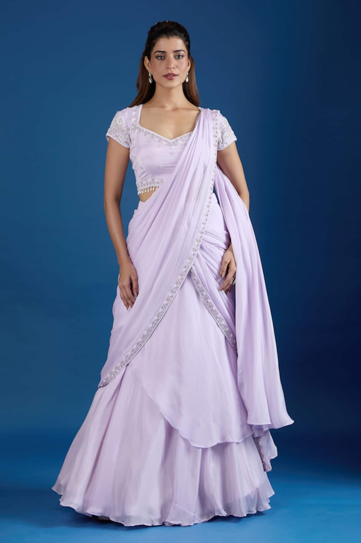 Samyukta Singhania Embroidered Blouse With Pre-Draped Saree 