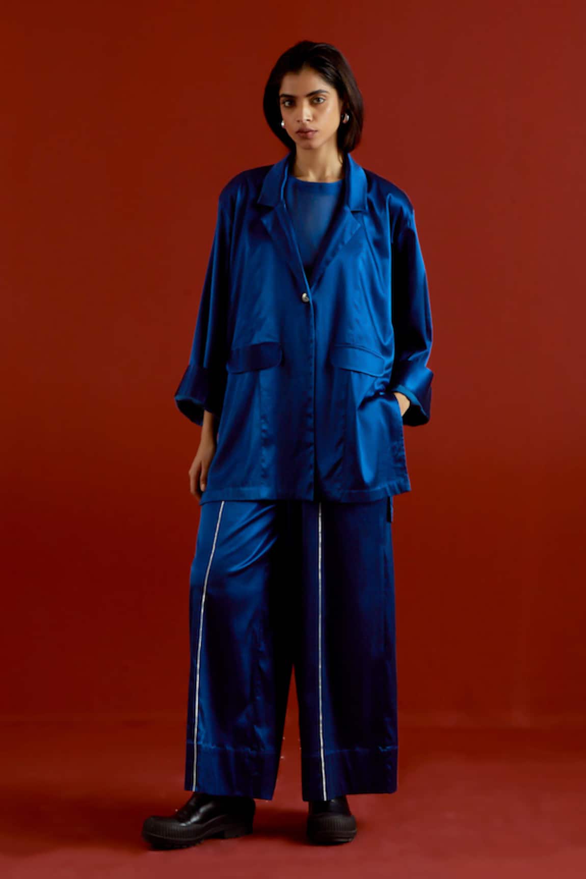 Three Blue Wide Sleeve Jacket & Pant Set 