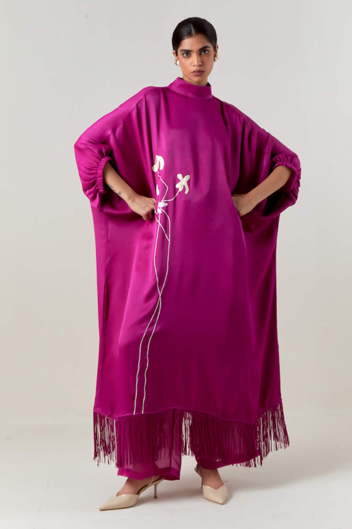 Three Purple Floral Fringe Kaftan With Pant 