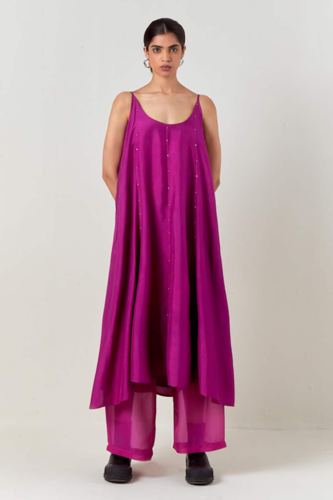 Three Wine Panelled Embroidered Tunic & Pant Set 