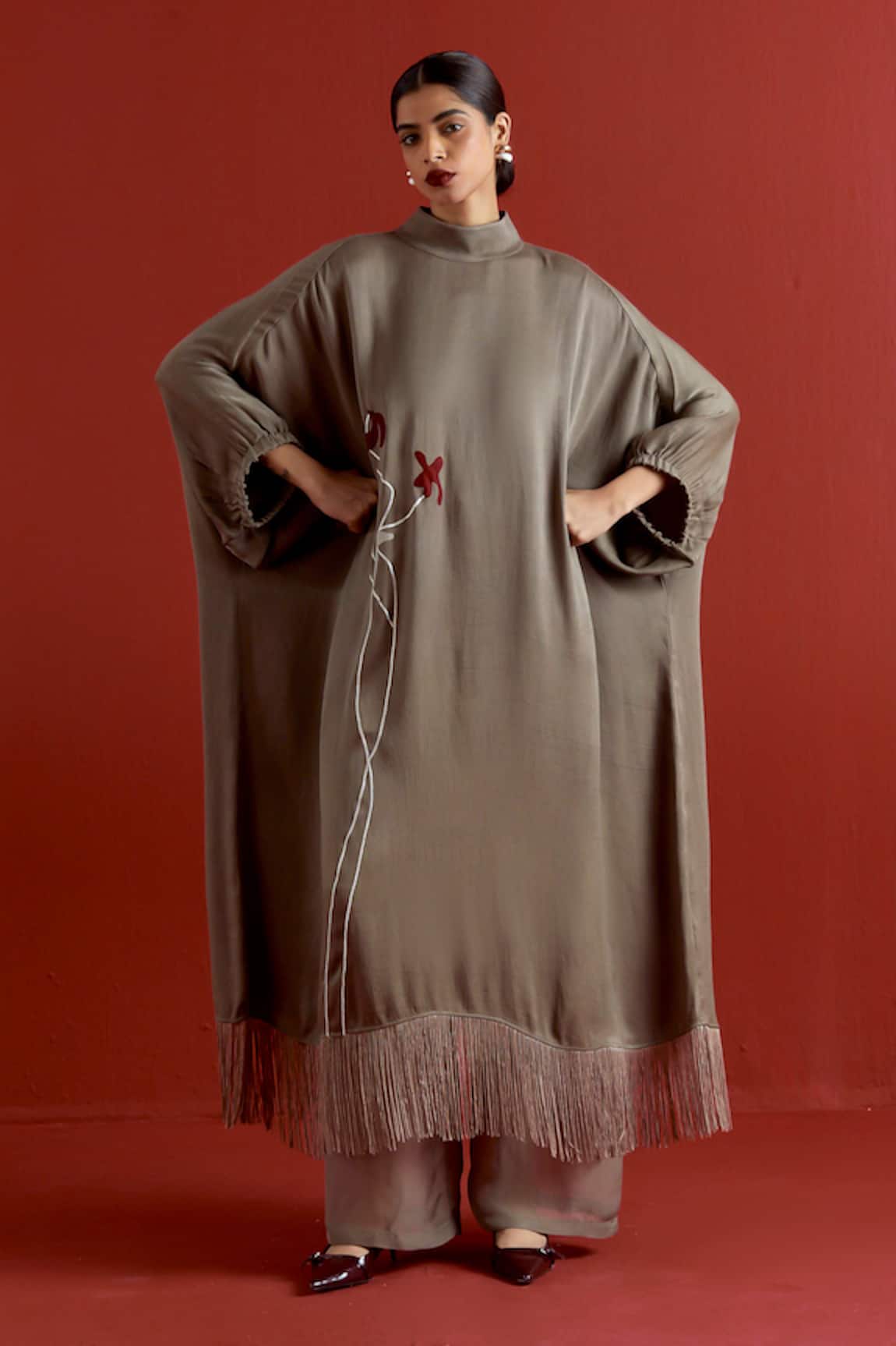 Three Grey Floral Fringe Kaftan & Pant Co-Ord Set 