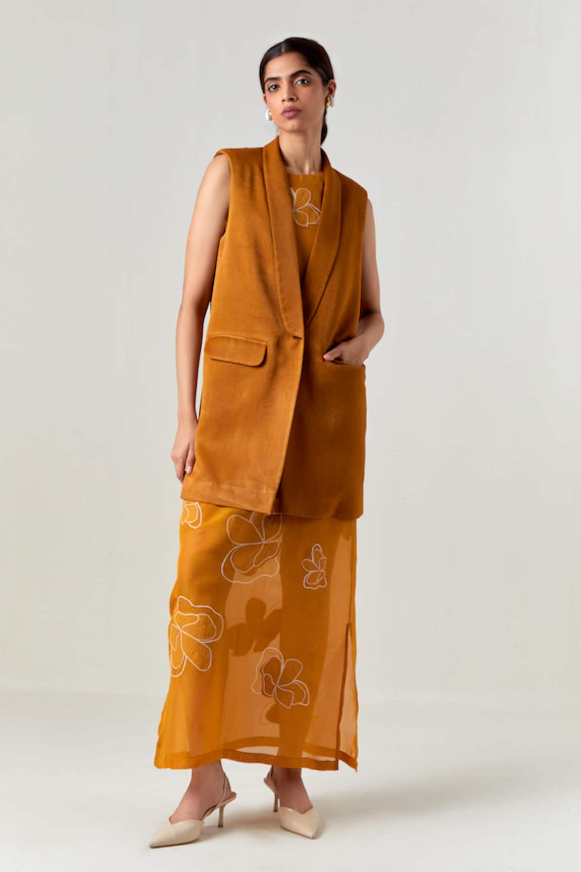 Three Yellow Applique Dress With Waistcoat 