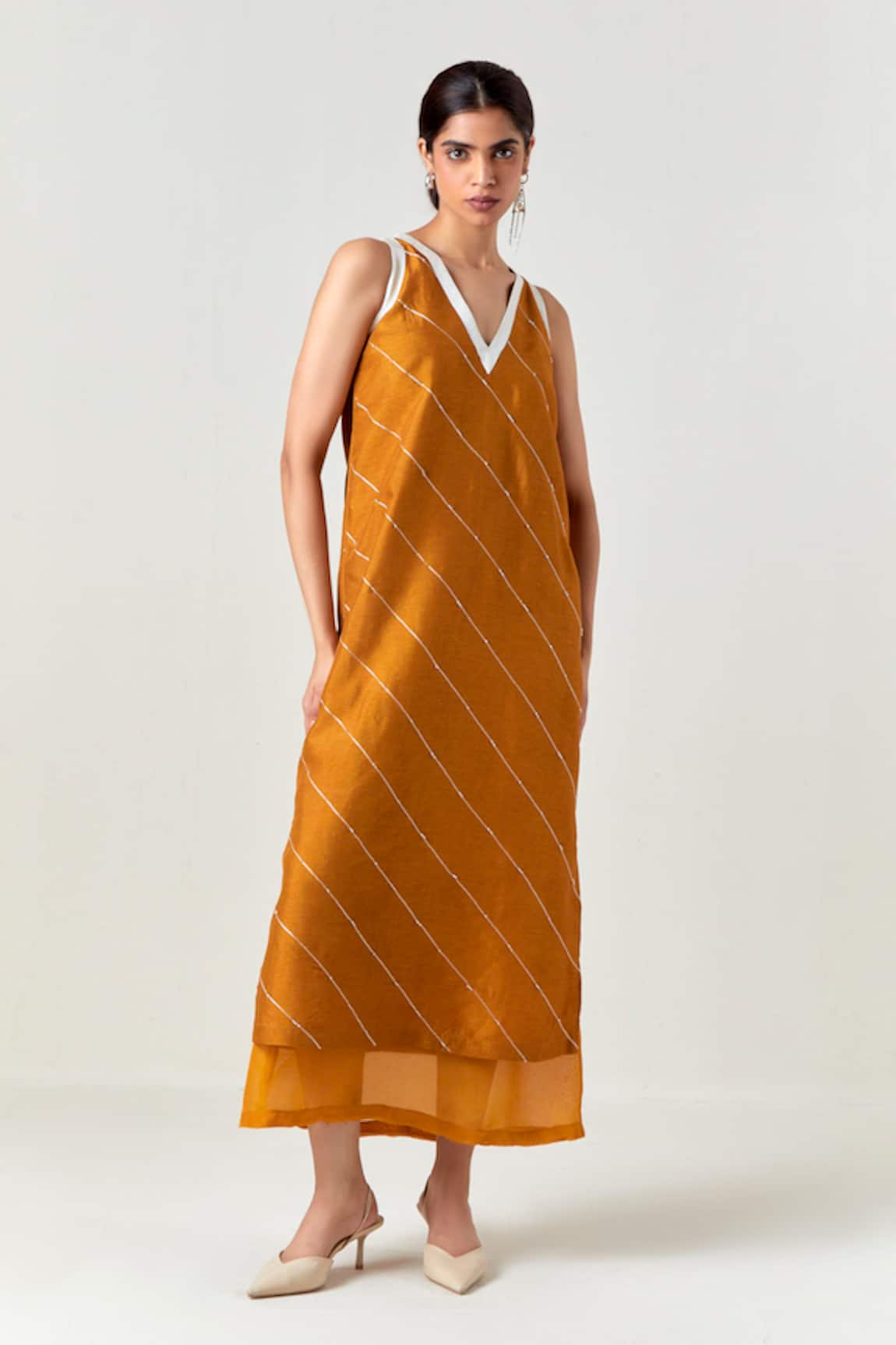Three Yellow Embellised Sleeveless Dress 