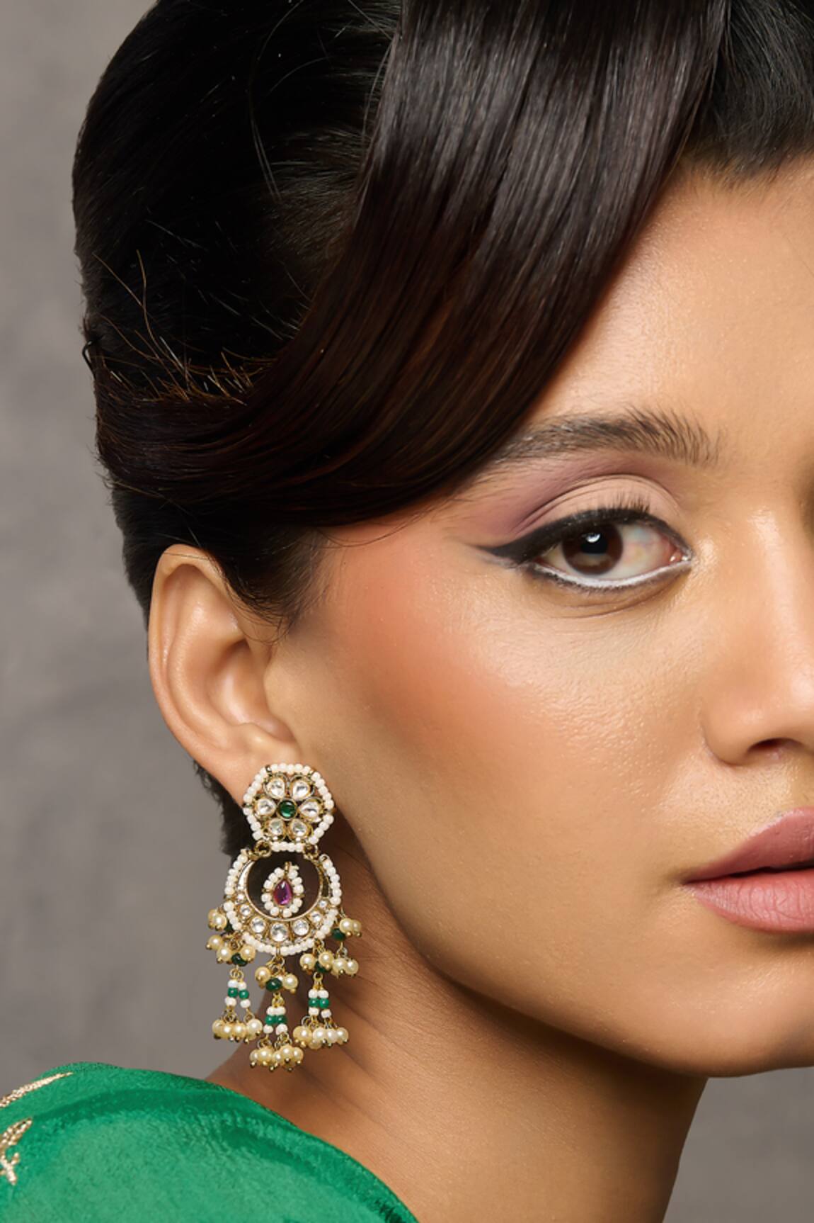 Curio Cottage Pearl Strung Kundan Chandbali Earrings 
