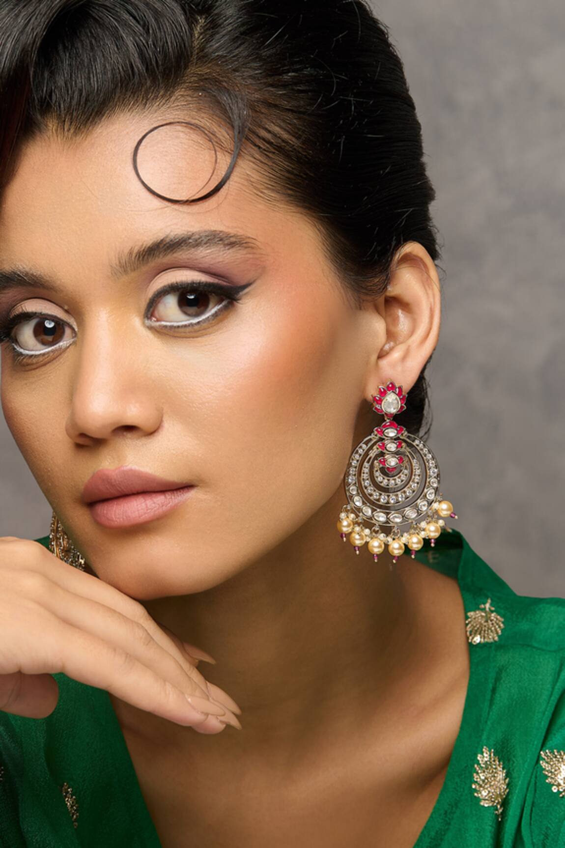 Curio Cottage Rippling Lotus Polki Chandbali Earrings 