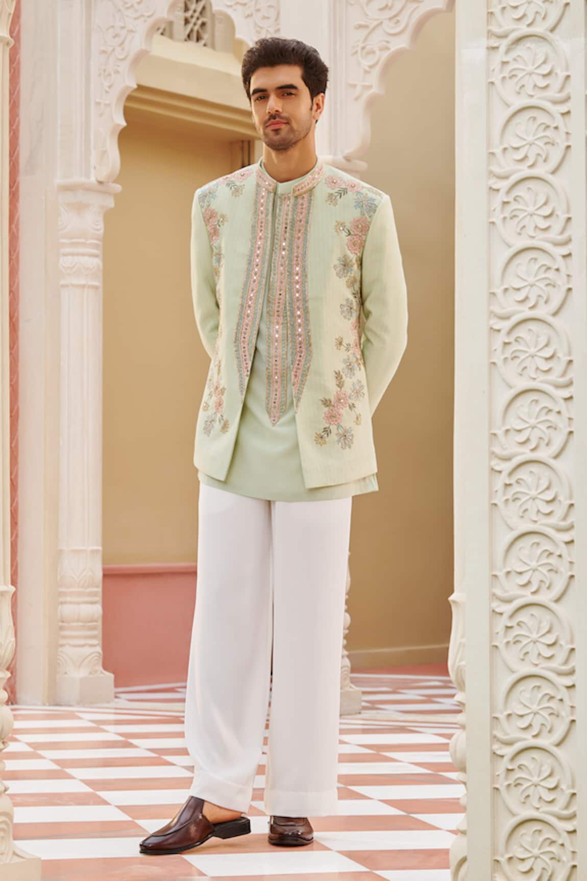 Contrast By Parth Mint Green Bandhgala Jacket Set 
