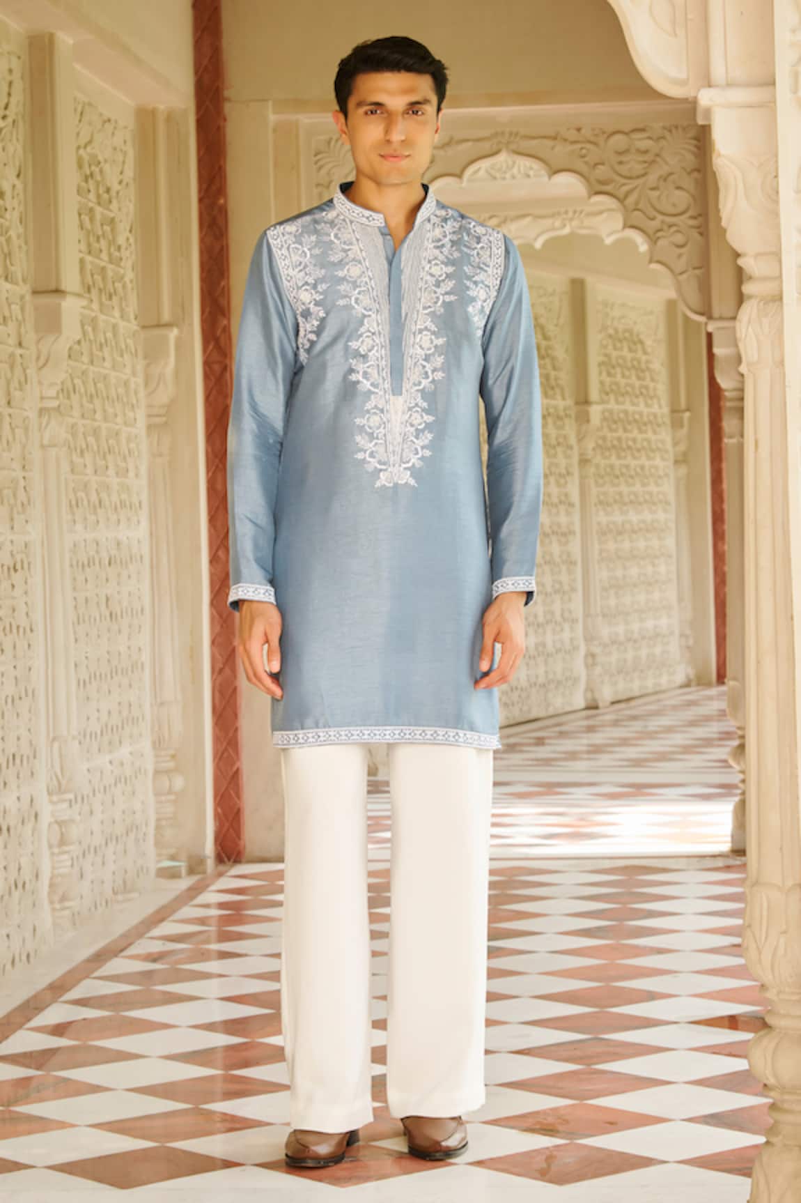 Contrast By Parth Embroidered Denim Blue Kurta Set 