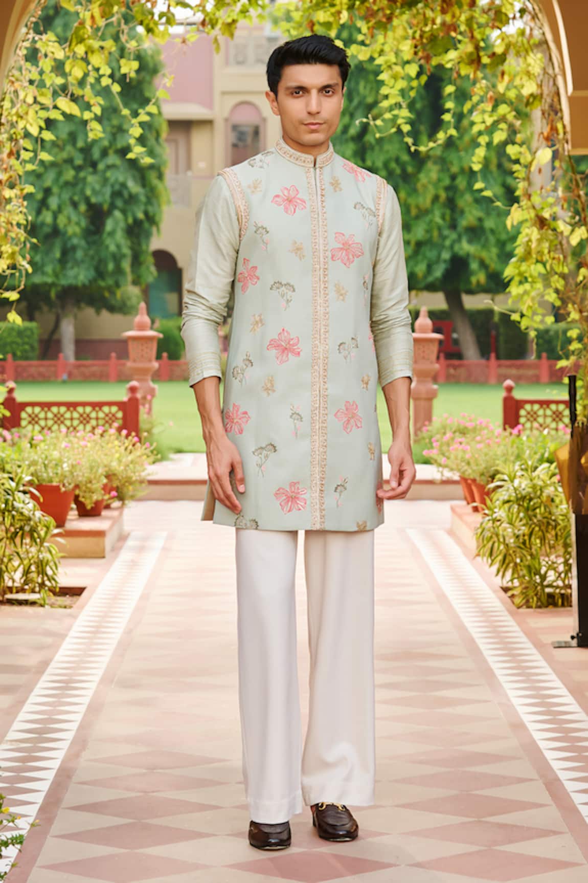 Contrast By Parth Pastel Green Kurta with Waistcoat Set 
