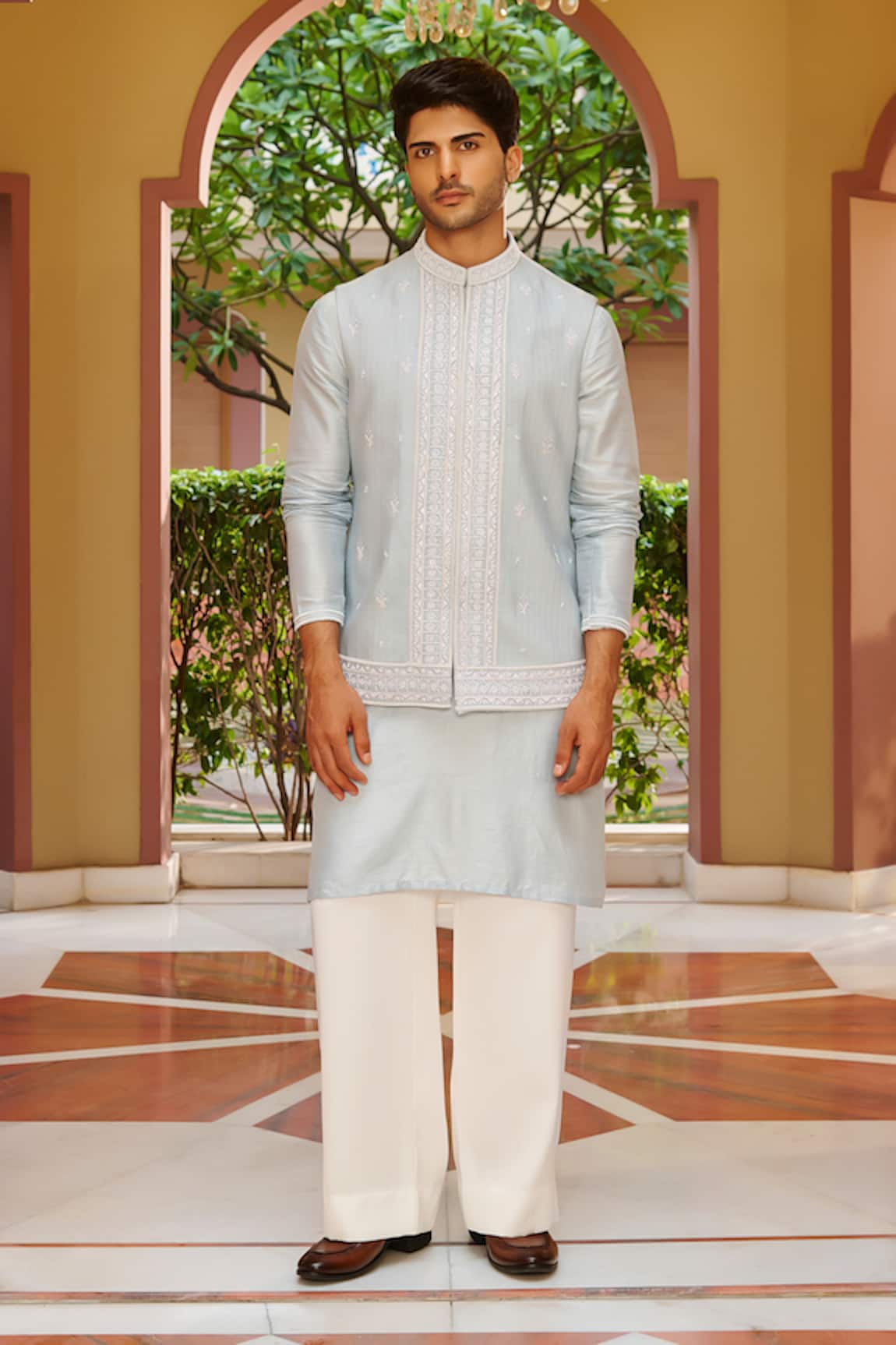 Contrast By Parth Embroidered Powder Blue Bundi Kurta Set 