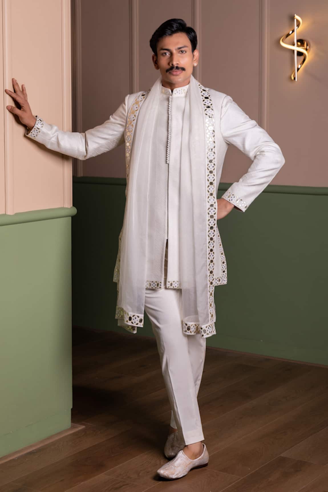 Kaaj Button Leather Work Sherwani Set