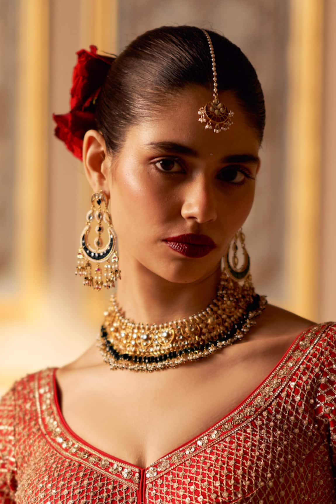 Maisara Jewelry Kundan & Green Bead Necklace & Earrings Set 