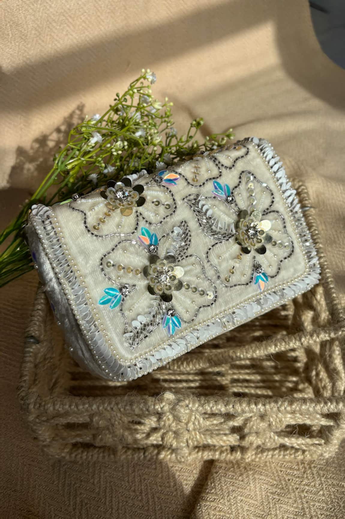 Fuchsia Velvet Floral Sequin & Pearl Embellished Clutch 