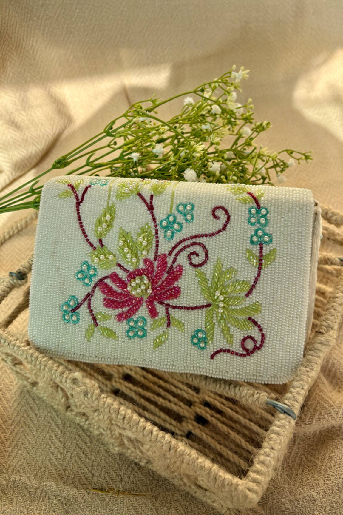 Fuchsia Beaded Floral Embroidered Velvet Clutch 