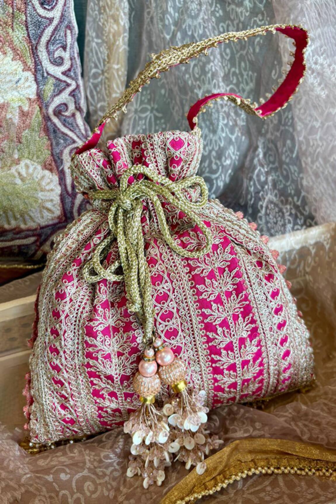 Fuchsia Silk Embroidered Potli Bag 