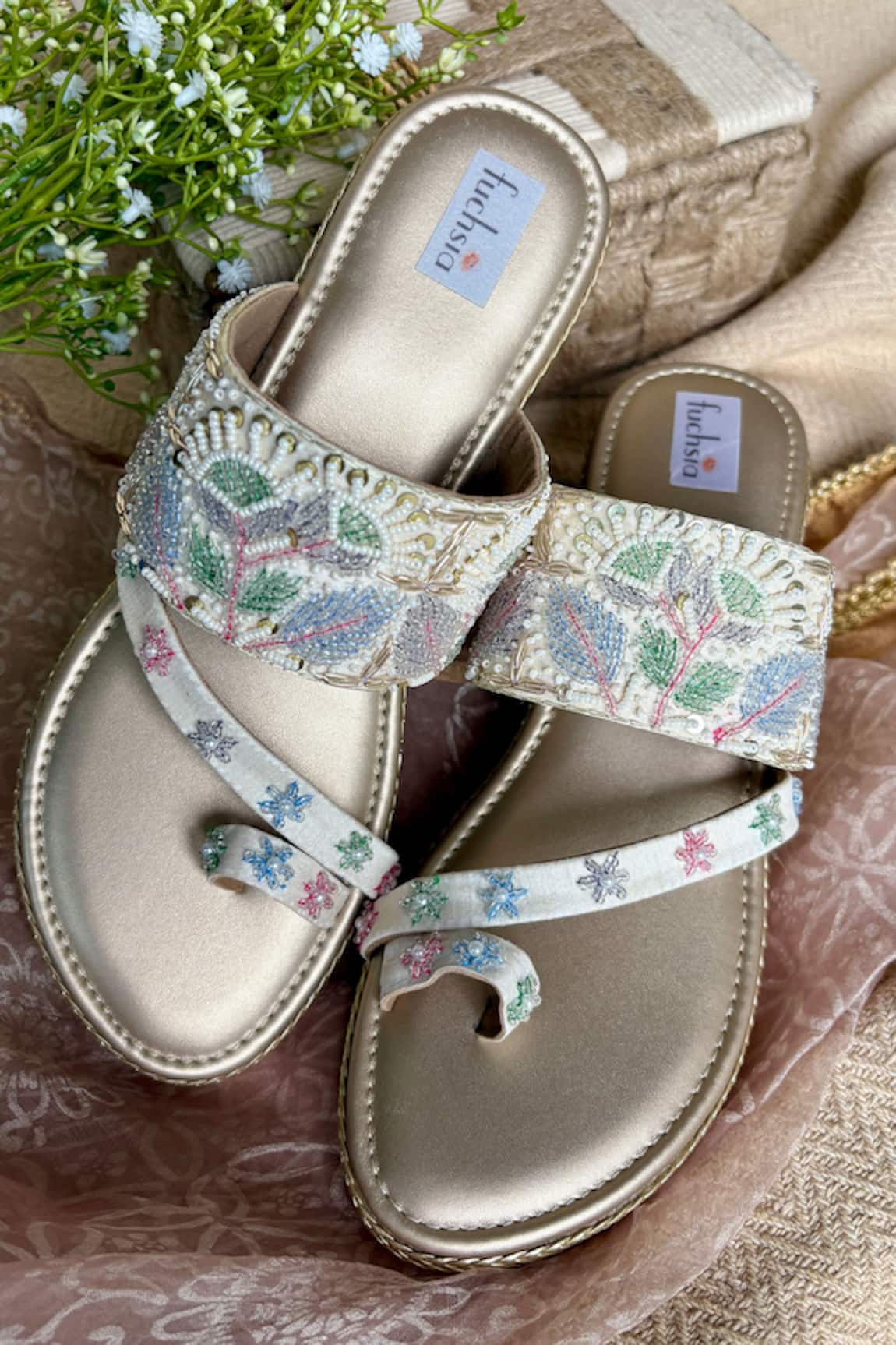 Fuchsia Floral Embroidered Kolhapuri Heels 