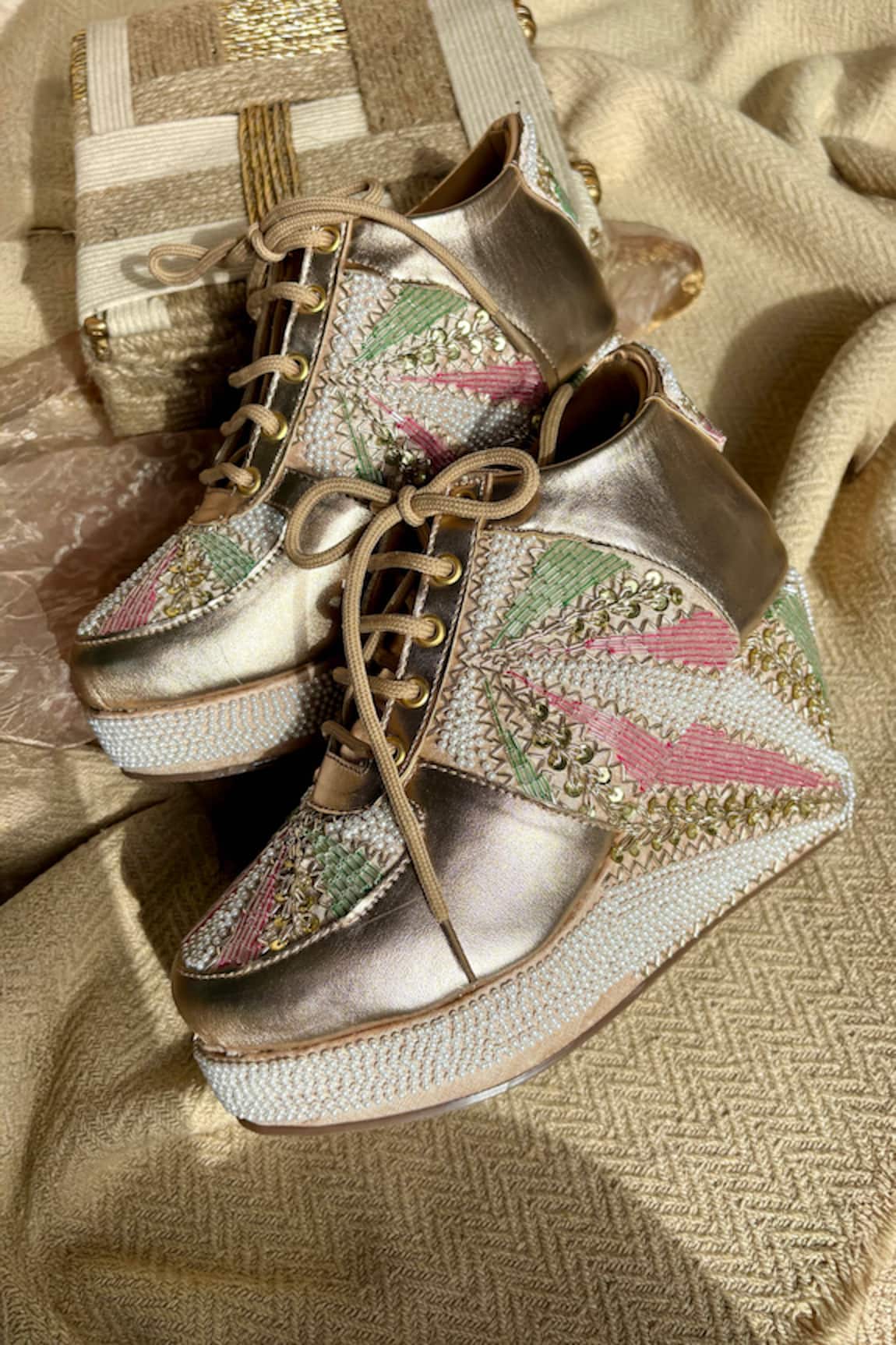 Fuchsia Rainbow Embroidered Sneaker Wedges 