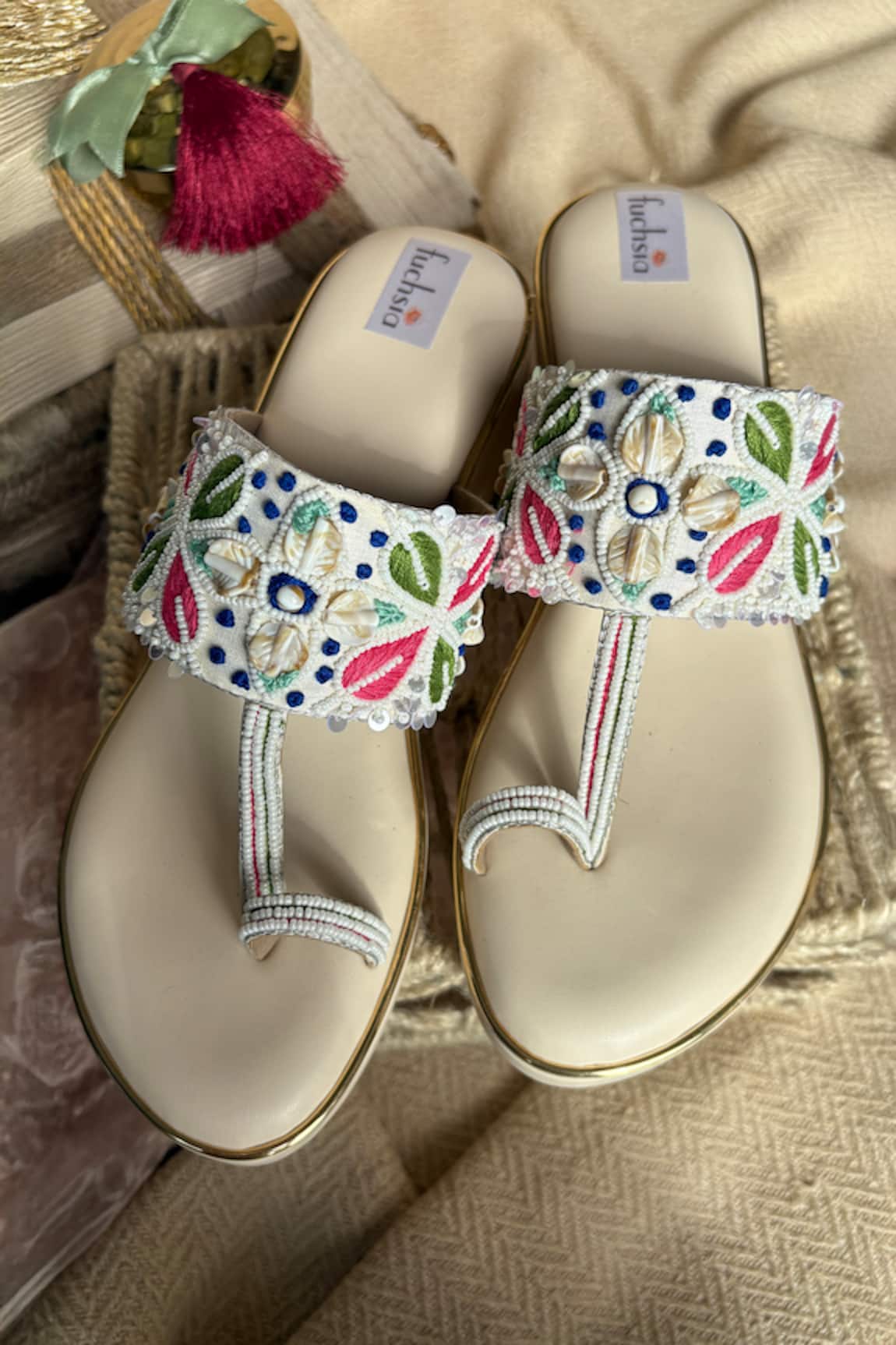 Fuchsia Morocco Embroidered Kolhapuri Wedges 