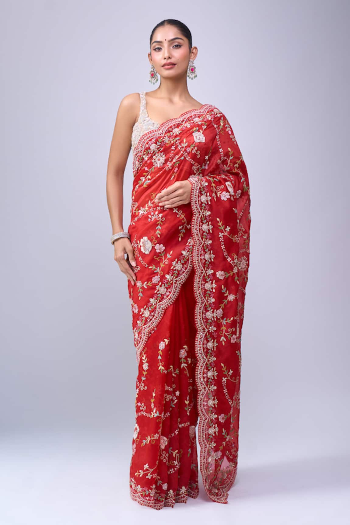 Azeera Floral Embroidered Saree With Unstitched Blouse Piece 