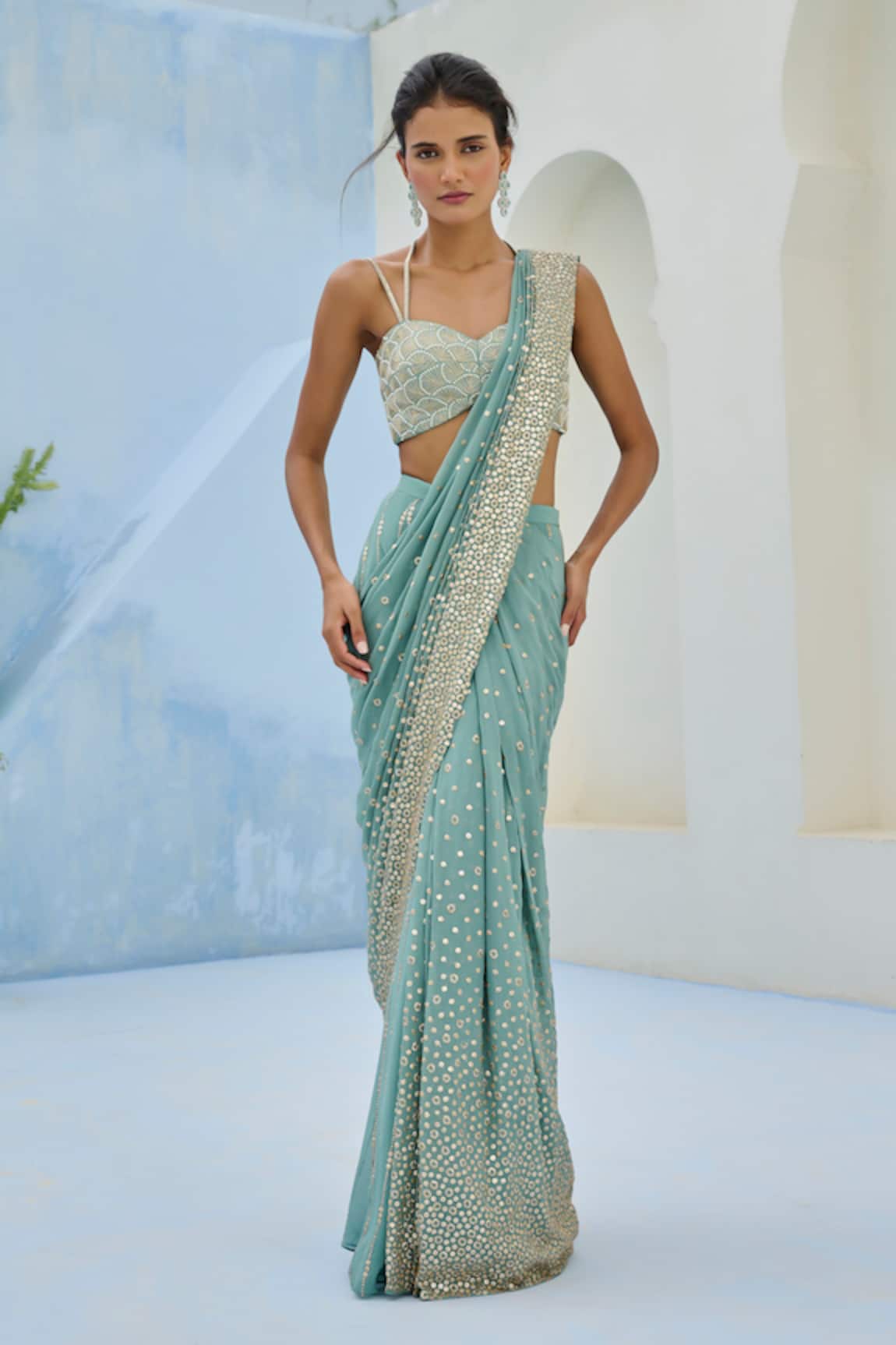 Chamee And Palak Sufi Embroidered Pre-Drape Saree & Blouse Set 