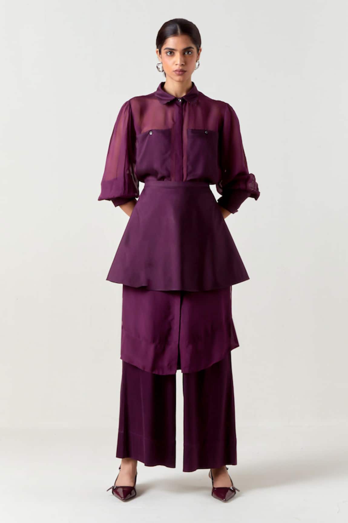 Three Wine Beaded Collar Sheer Shirt & Pant Set 