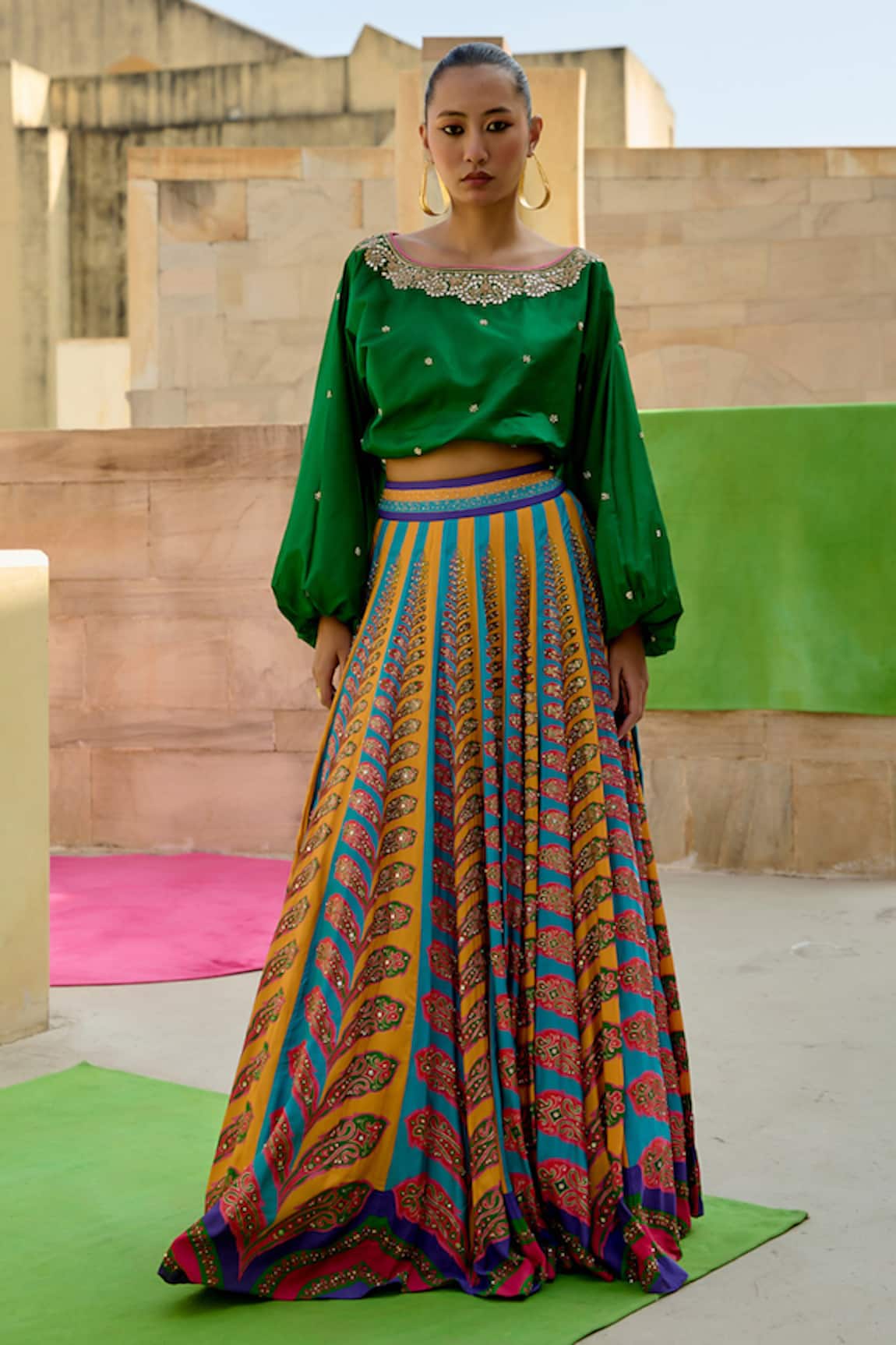 Swati Vijaivargie Embroidered Blouse With Color Block Lehenga 