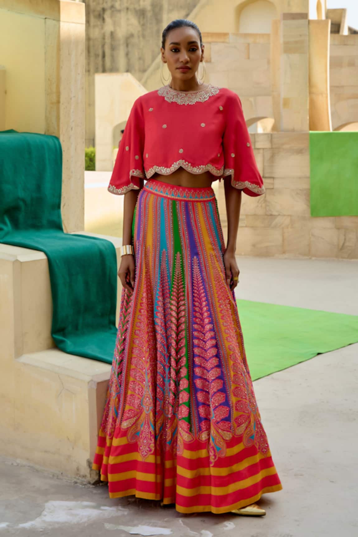 Swati Vijaivargie Embroidered Blouse With Color Block Lehenga 