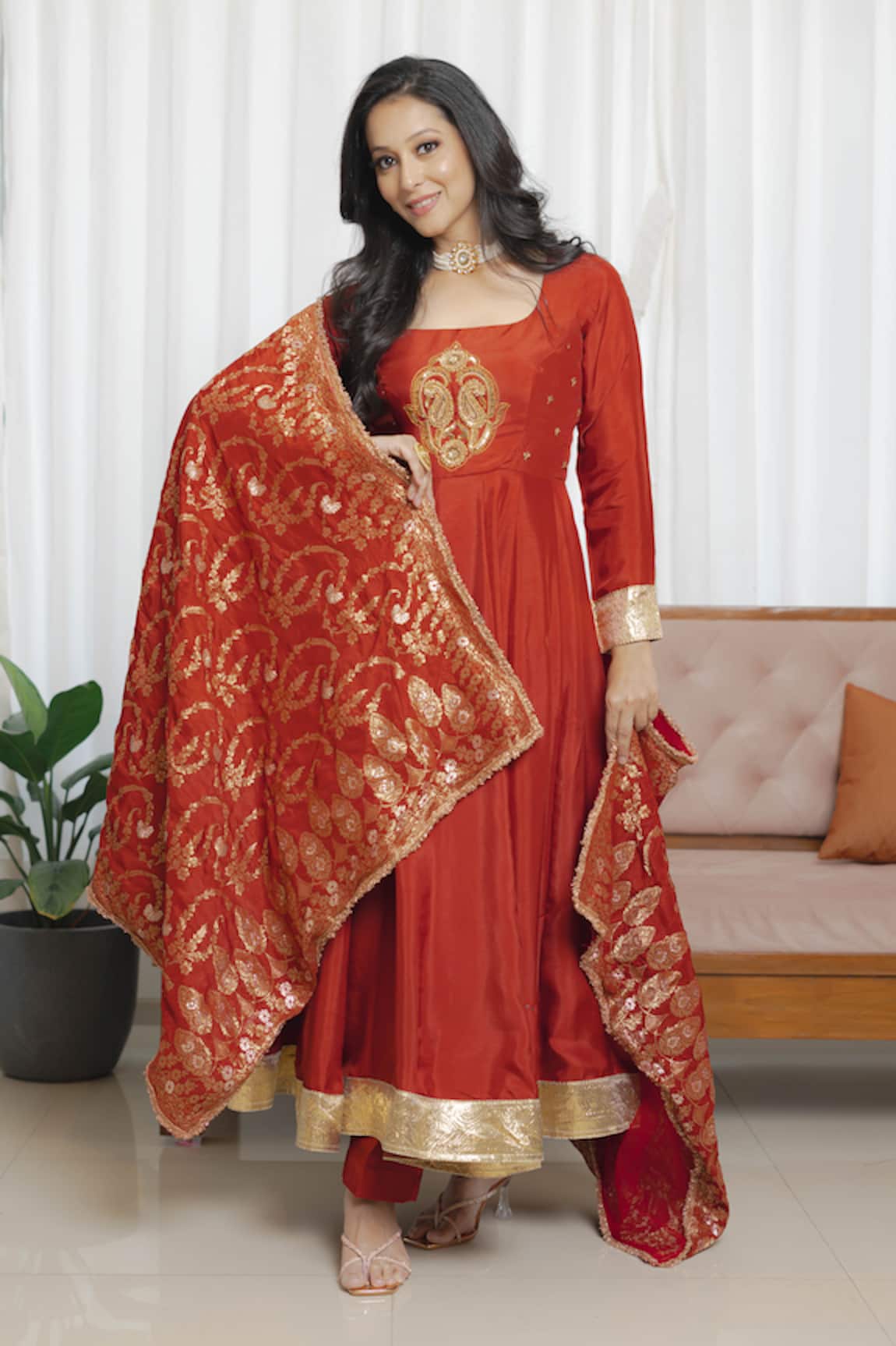 Saangi Rust Red Anarkali Ensemble Set
