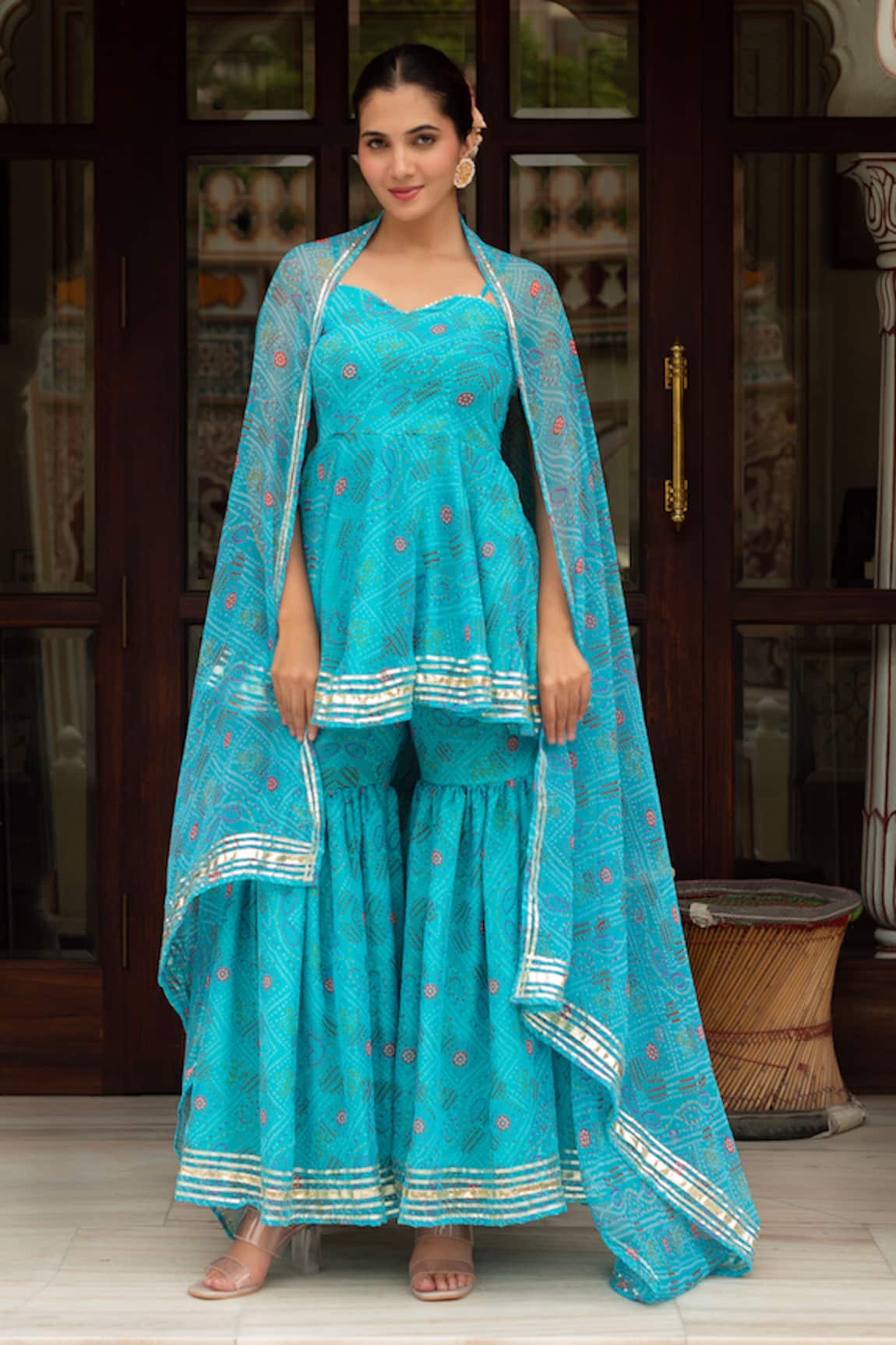 Pomcha Jaipur Galiyan Bandhej Pattern Peplum Kurta Sharara Set 