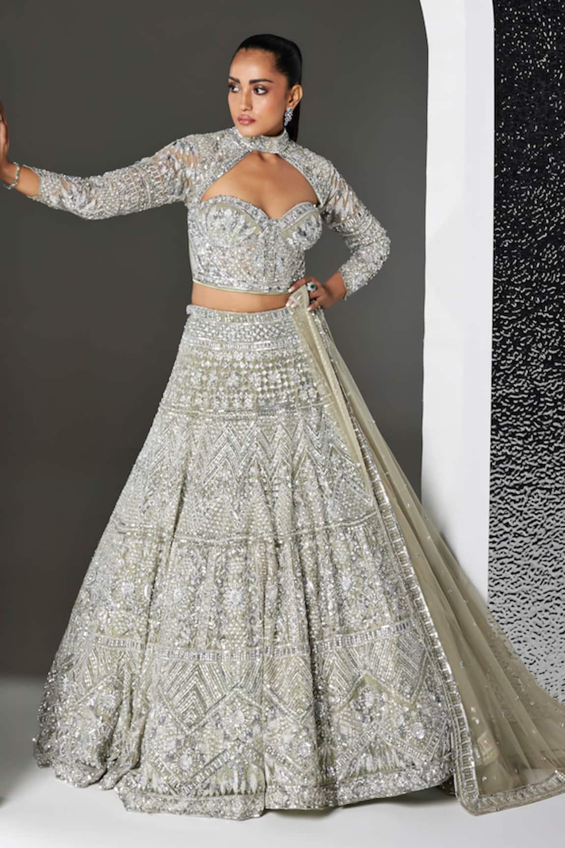 Opus Atelier Grey & Silver Iris Embroidered Lehenga Set 