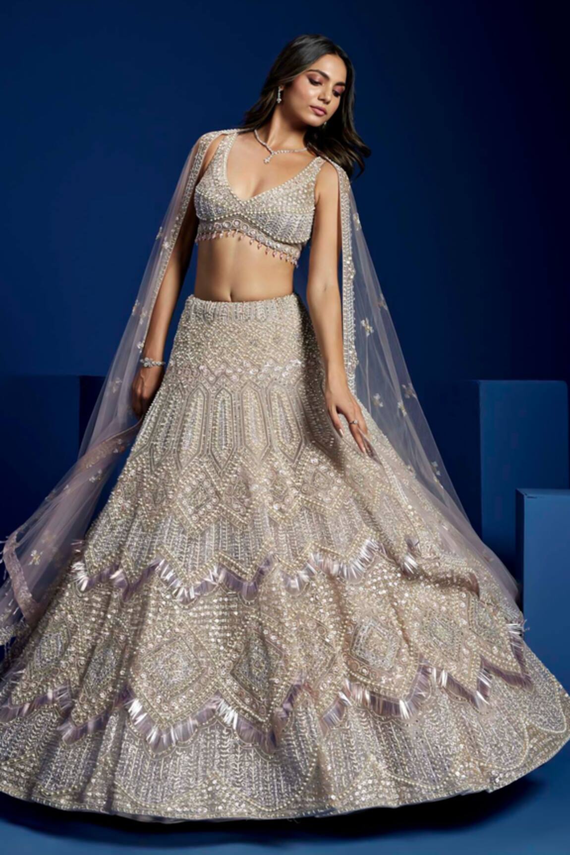 Opus Atelier Silver And Mauve Embroidered Lehenga Set 