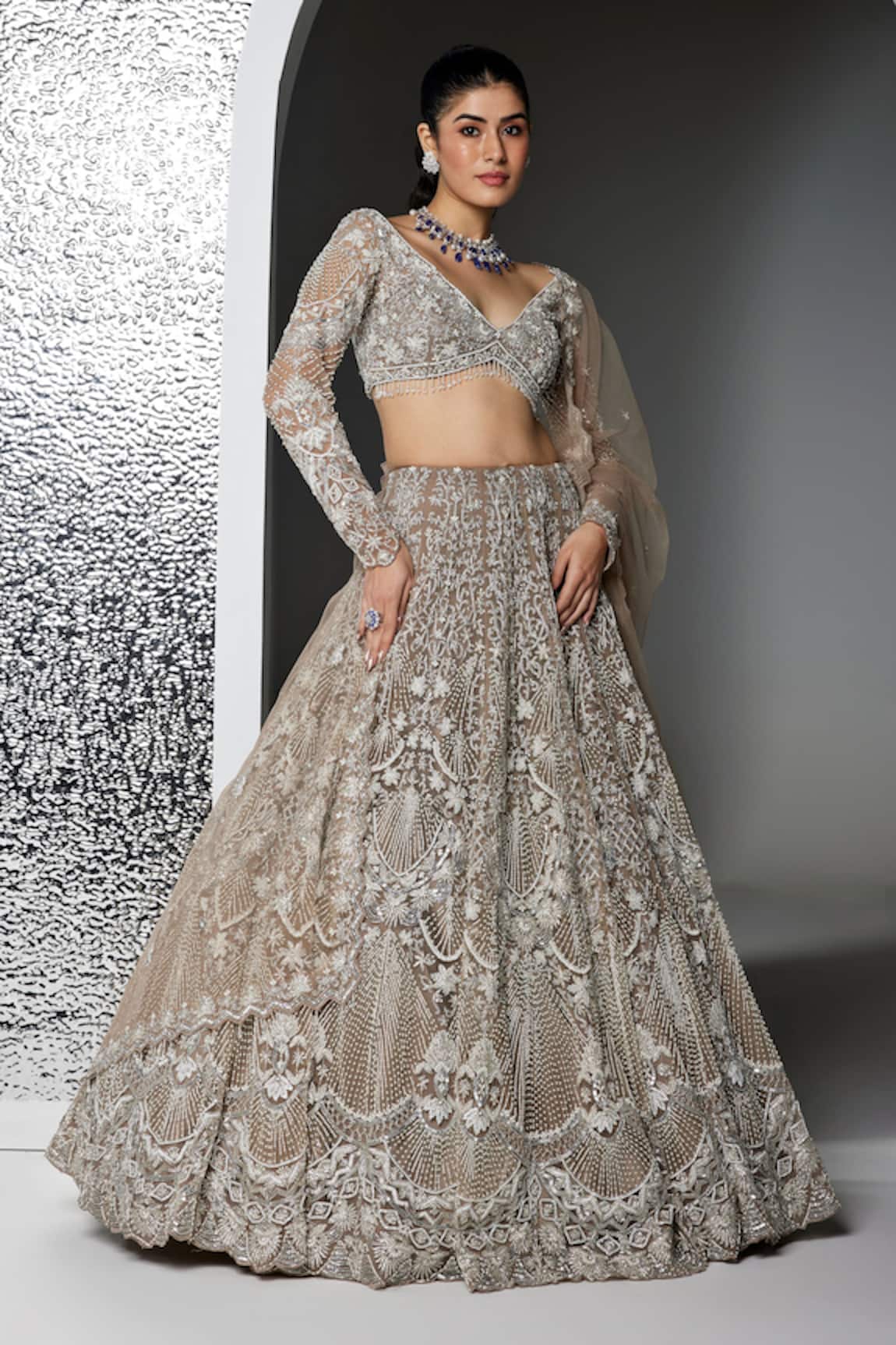 Opus Atelier Dull Grey And Silver Natalie Lehenga Set 