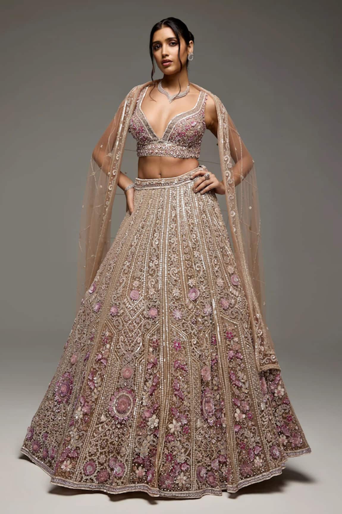 Opus Atelier Dusty Mauve And Silver Elora Lehenga Set 