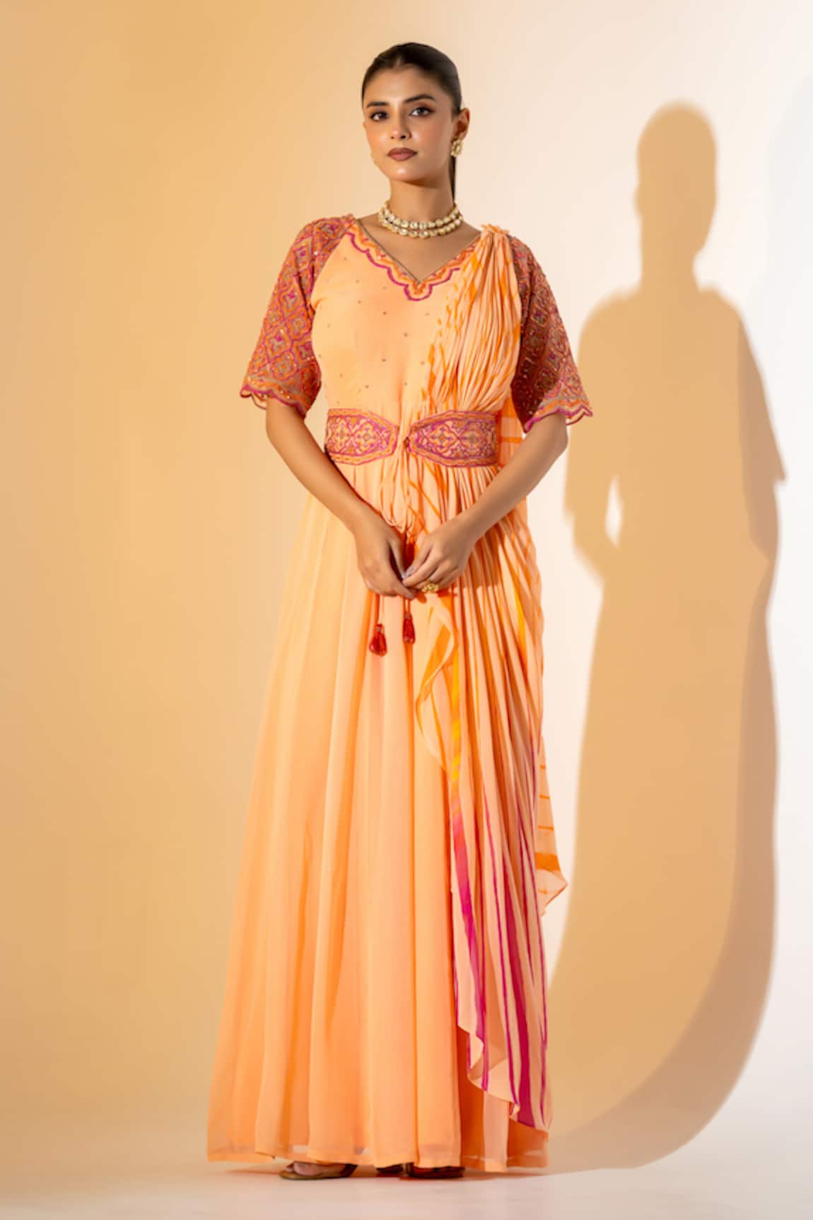 K-Anshika Leheriya Pattern Pre-Draped Saree With Belt 