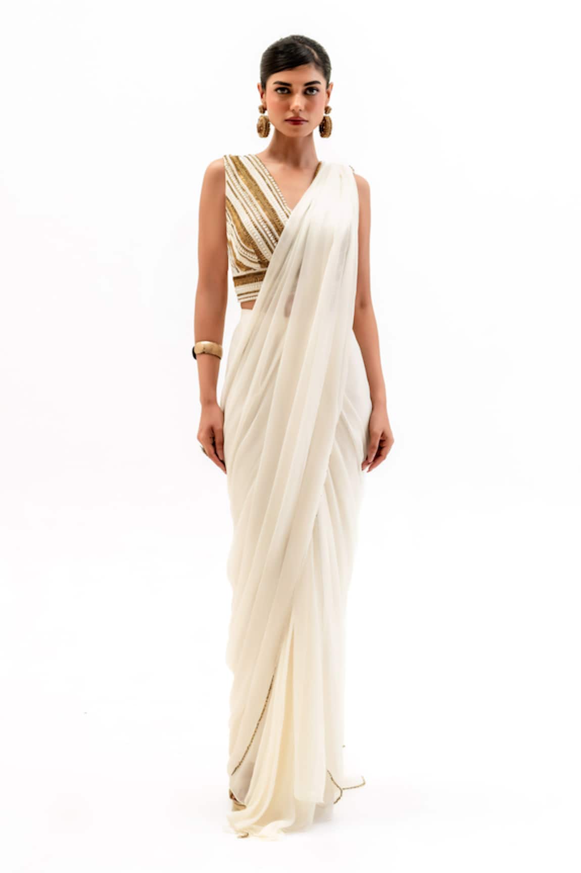 Garo Stripe Embroidered Blouse With Pre-Draped Saree 