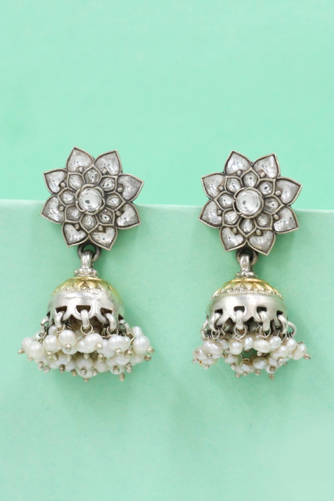 Sangeeta Boochra Handcrafted Silver Floral Jhumkas 