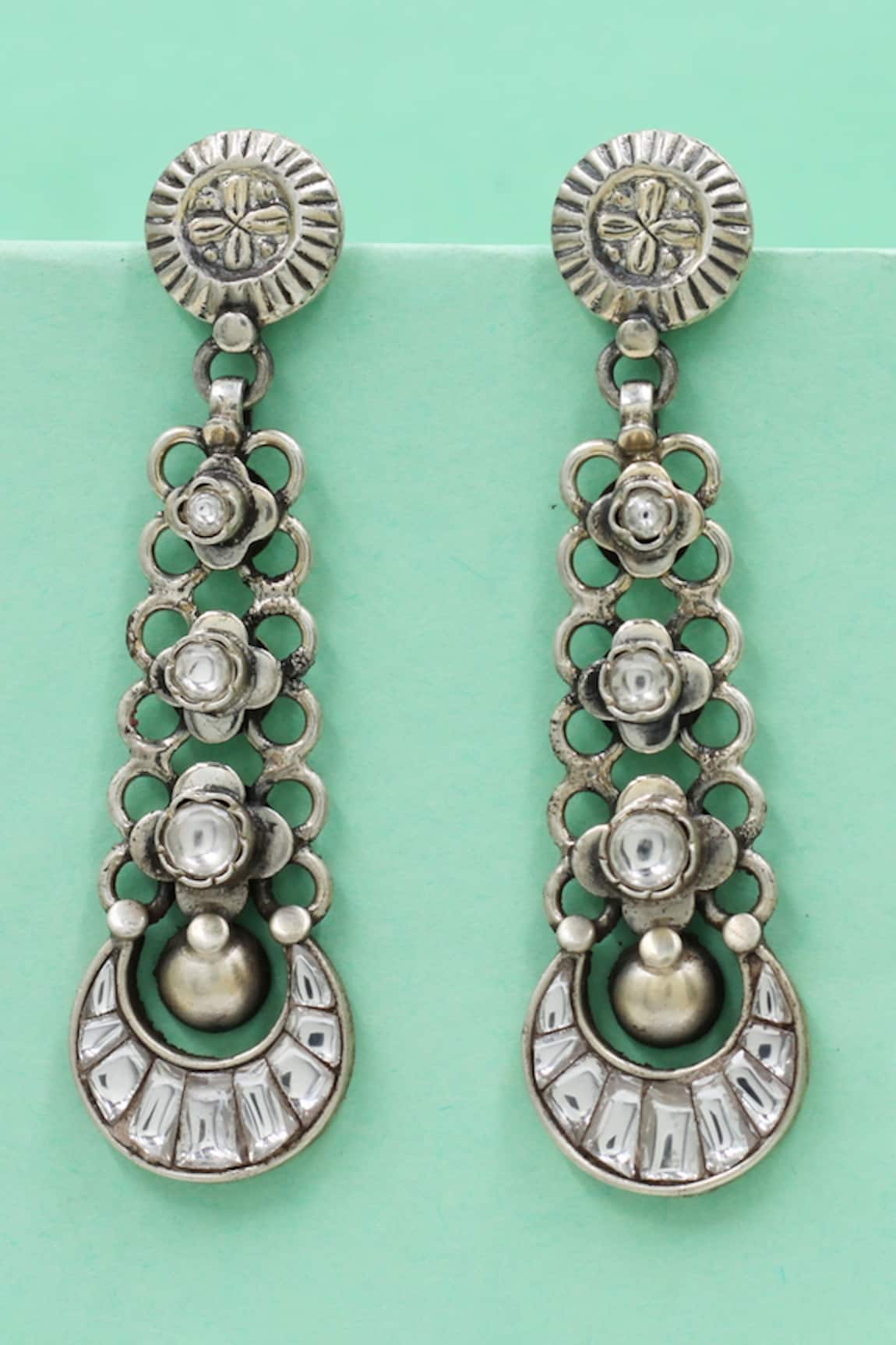 Sangeeta Boochra Artisanal Long Silver Earrings 