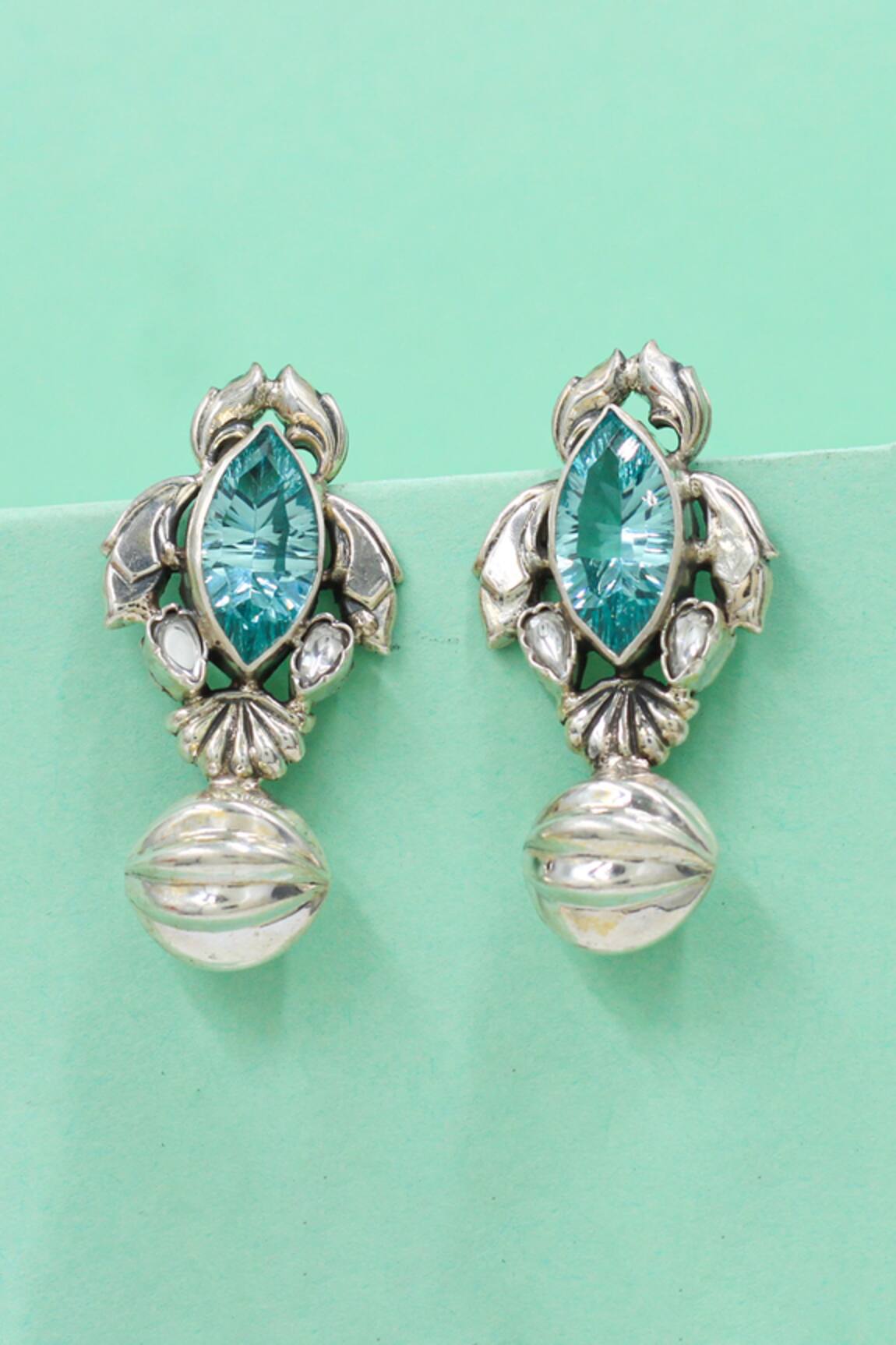 Sangeeta Boochra Antique Aqua Marquise Silver Earrings 