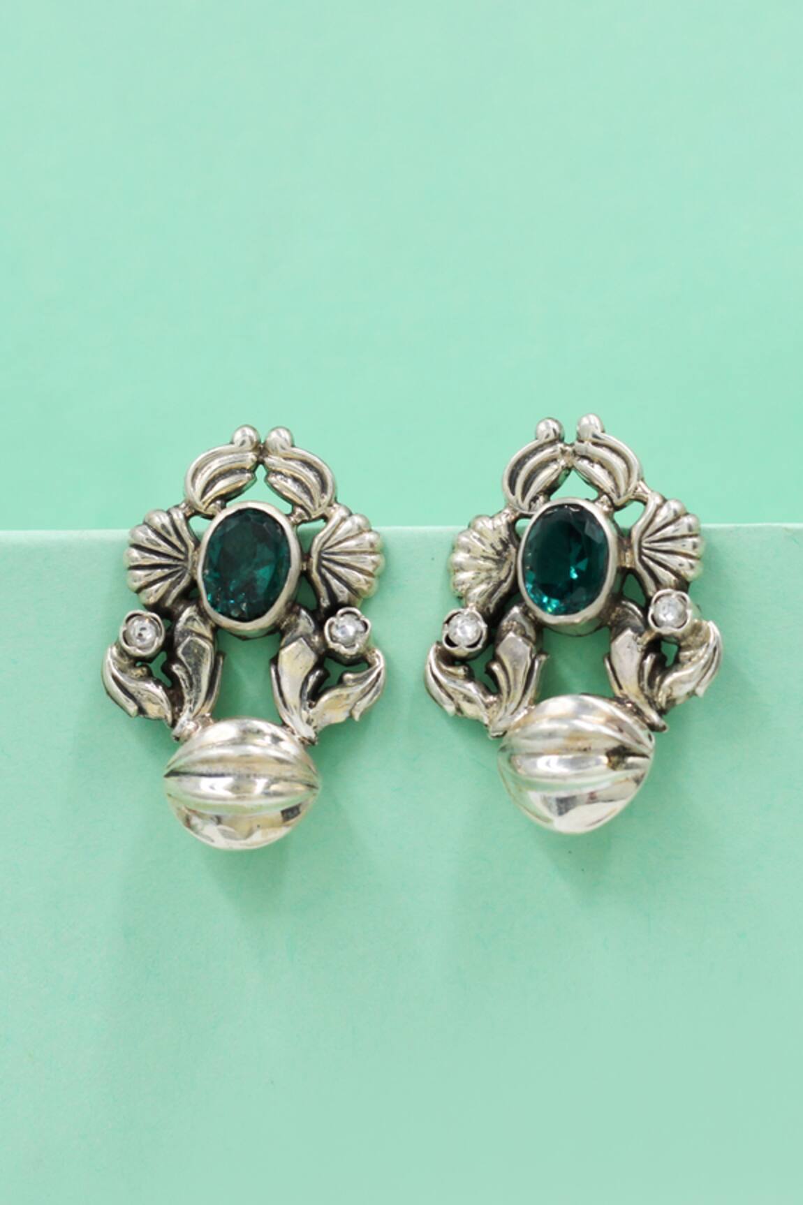 Sangeeta Boochra Vintage Floral Motif Sterling Silver Earrings 