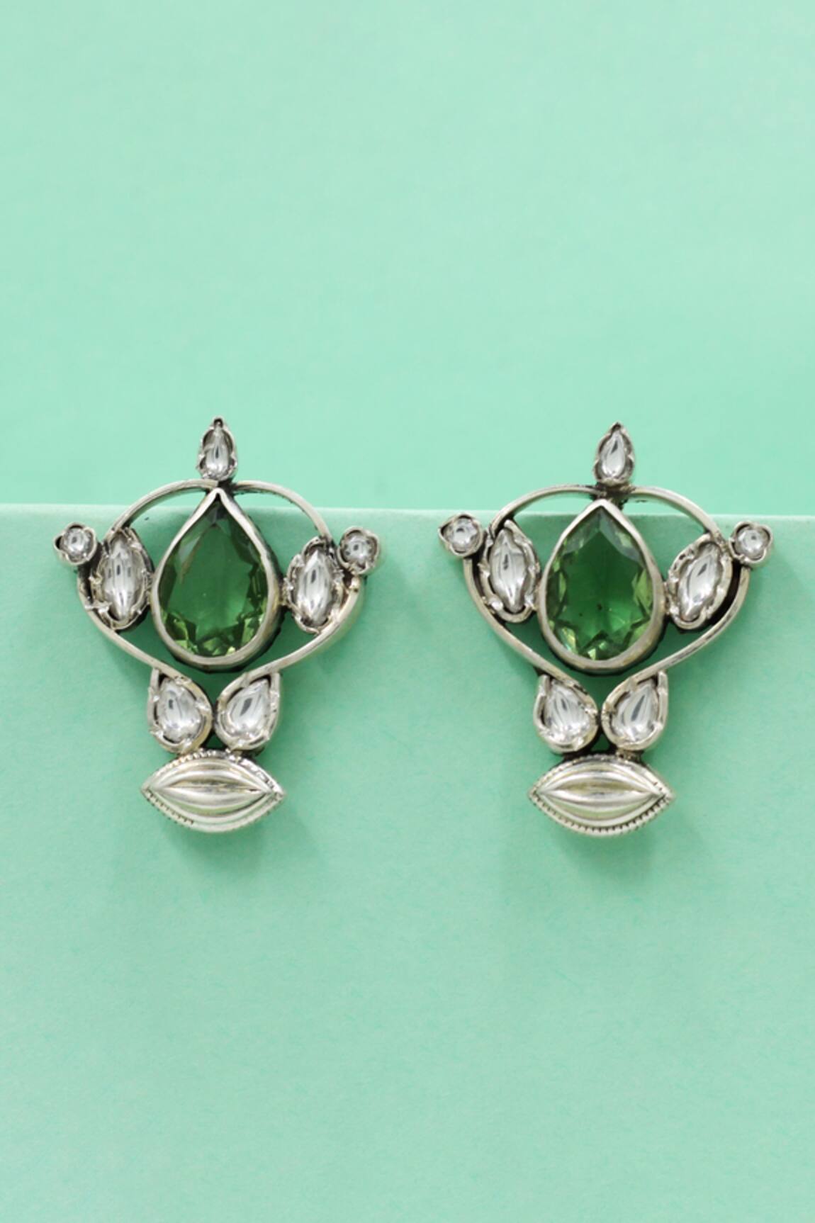 Sangeeta Boochra Heritage Green Teardrop Silver Earrings 