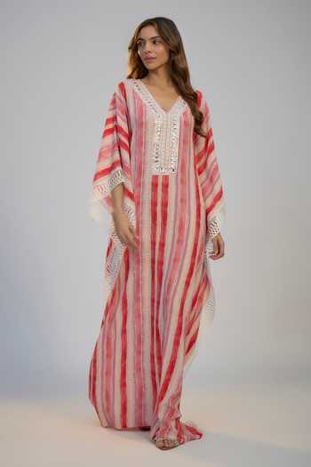 Nadima Saqib Pastel Pink Striped Kaftan 