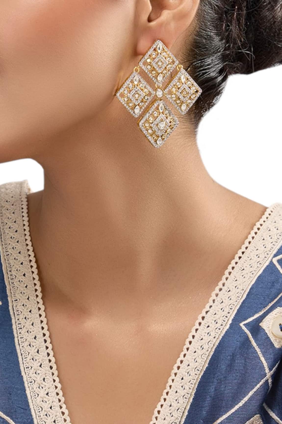 Auraa Trends White Kundan Studded Square Drop Earrings 