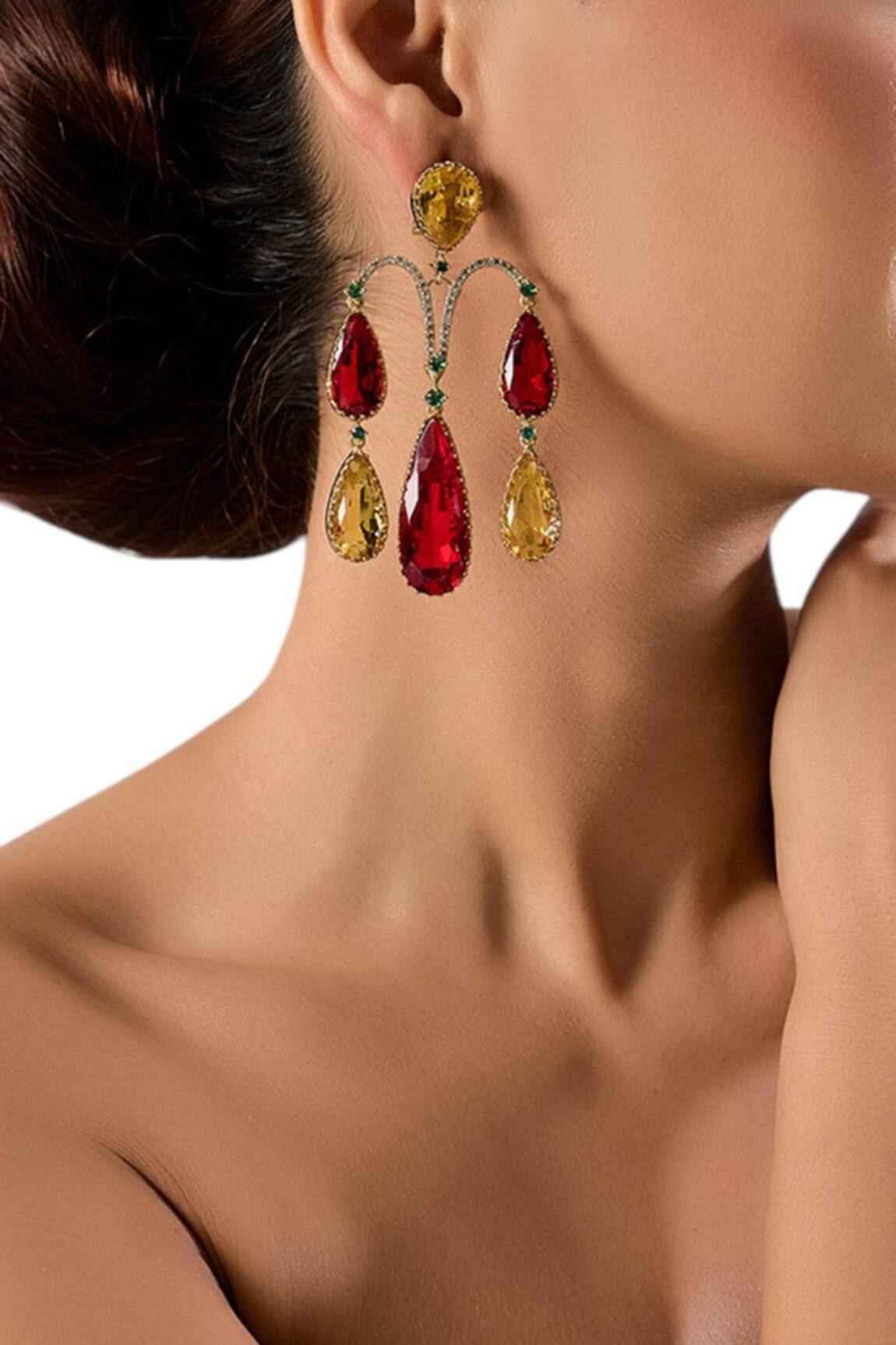 Auraa Trends Red & Yellow Statement Teardrop Earrings 