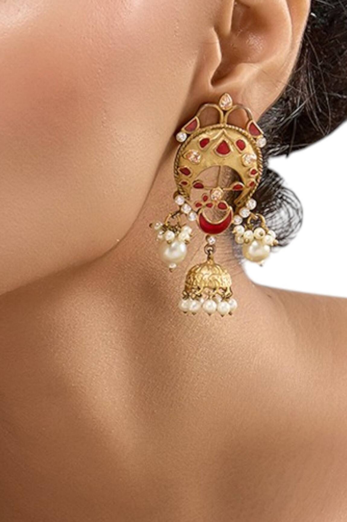 Auraa Trends Gold-Plated Red Enamel Jhumka Earrings 