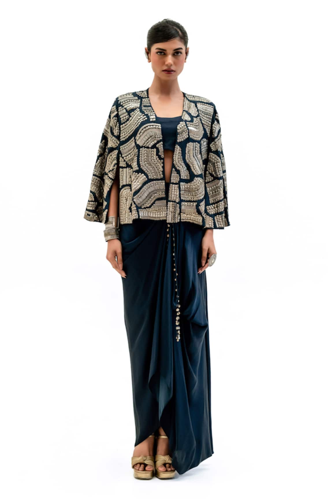 Garo Geometric Embroidered Jacket & Draped Skirt Set 