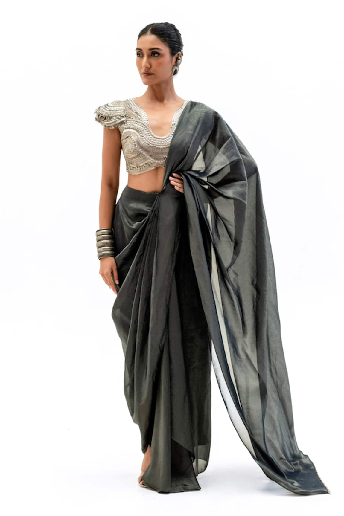 Garo Geometric Embroidered Blouse With Pre-Draped Saree 