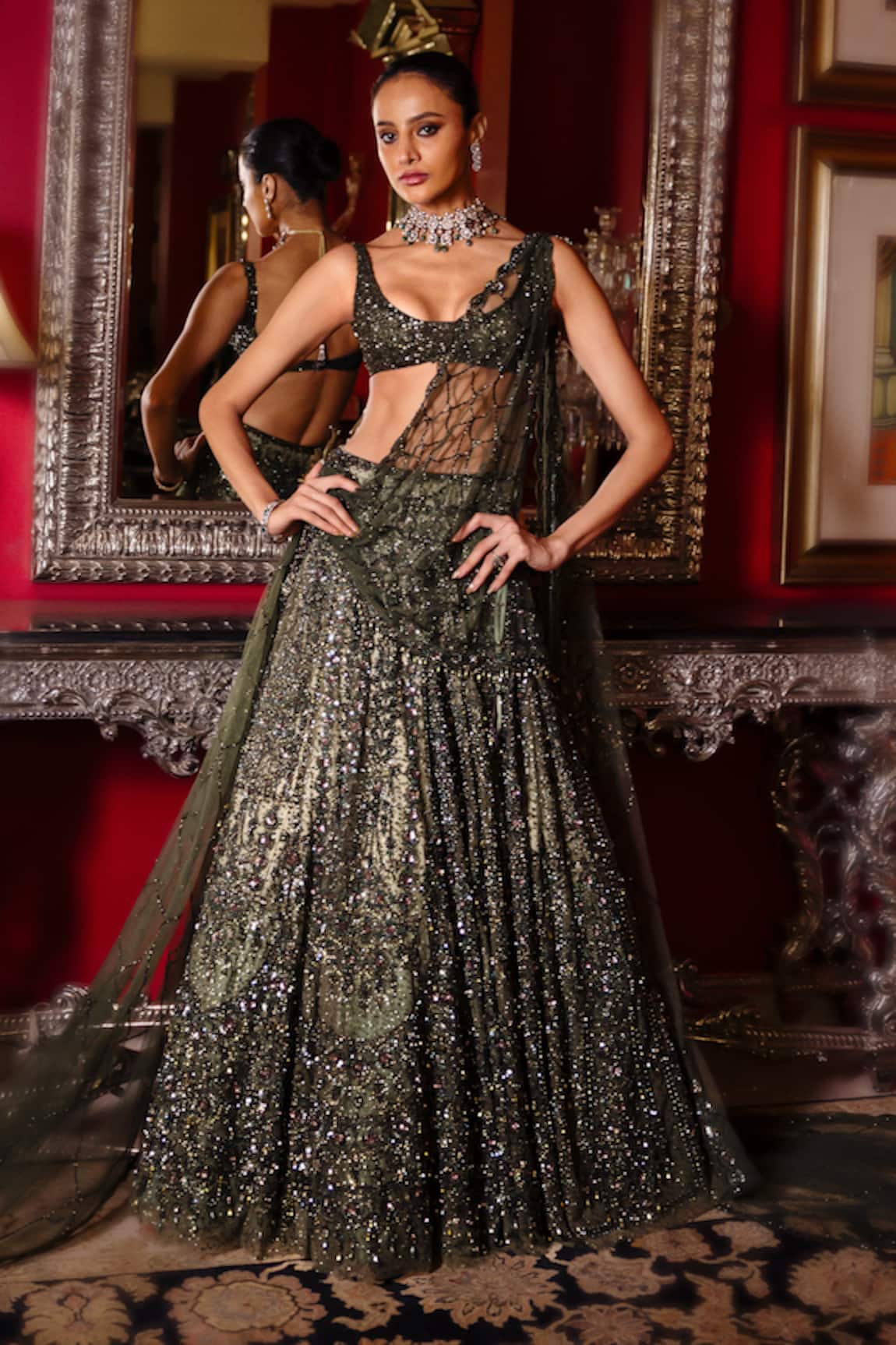 Dolly J Mossaria Shimmer Cocktail Embroidered Lehenga Set 