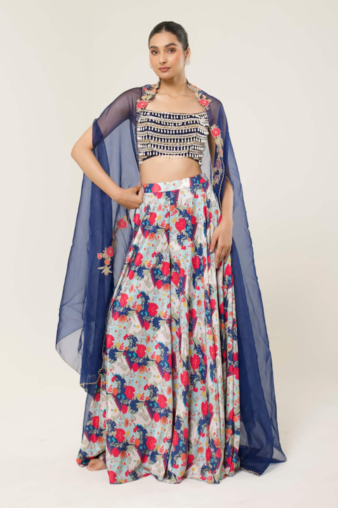 Libas Cafe by Nidhi & Ashish Embroidered Blouse & Printed Sharara Cape Set