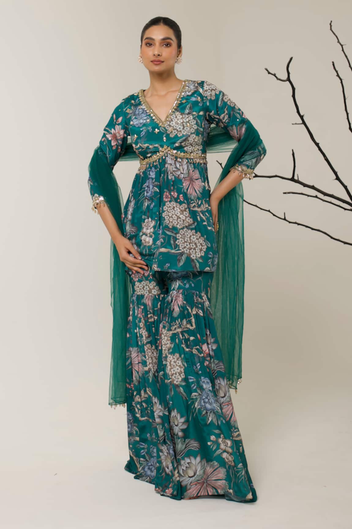 Libas Cafe by Nidhi & Ashish Floral Printed Peplum Gharara & Dupatta Set